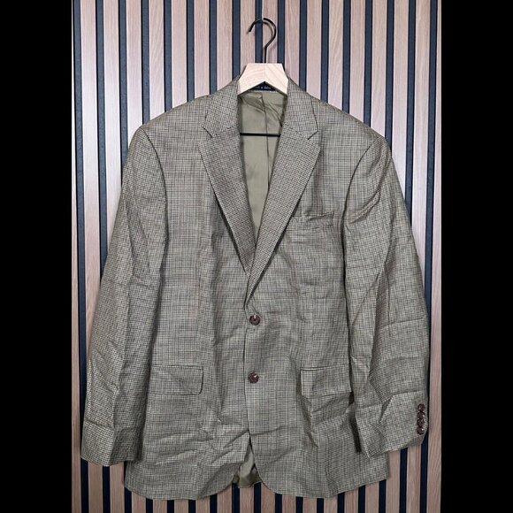 Lauren Ralph Lauren Jacket 40R Beige Houndstooth 2 Button Blazer Coat Silk Wool - Picture 1 of 10